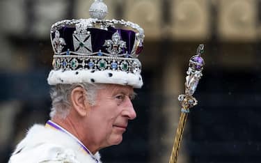 LONDON, ENGLAND - MAY 6: King Charles III at Westminster Abbey during the Coronation of King Charles III and Queen Camilla on May 6, 2023 in London, England. The Coronation of Charles III and his wife, Camilla, as King and Queen of the United Kingdom of Great Britain and Northern Ireland, and the other Commonwealth realms takes place at Westminster Abbey today. Charles acceded to the throne on 8 September 2022, upon the death of his mother, Elizabeth II. (Photo by Mark Cuthbert/UK Press via Getty Images)