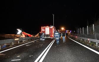 Rail accident involving a collision between a cargo and a passenger train in the Evangelismos area of Larissa, Greece on March 1, 2023. (Photo by STRINGER / SOOC / SOOC via AFP) (Photo by STRINGER/SOOC/AFP via Getty Images)