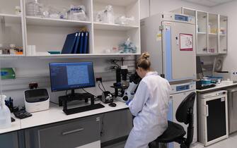 A researcher observes morphology of bovine cells using a microscope at the Aleph Farms Ltd. research and development center in Rehovot, Israel, on Sunday, Nov. 27, 2022. The UN predicted last year that with the world's population expected to climb by 11% in the coming decade, meat consumption would rise by an even greater 14%. Photographer: Corinna Kern/Bloomberg via Getty Images