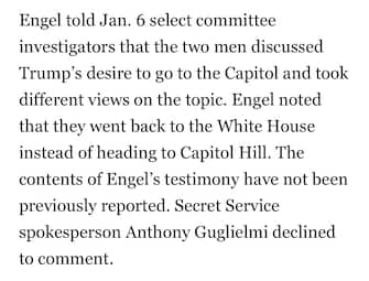 Mentre migliaia di persone assaltavano i palazzi del Congresso, Donald Trump pensò di andare a Capitol Hill. Così Politico che cita la testimonianza di Robert Engel, capo degli 007 incaricati di proteggere l’ex presidente