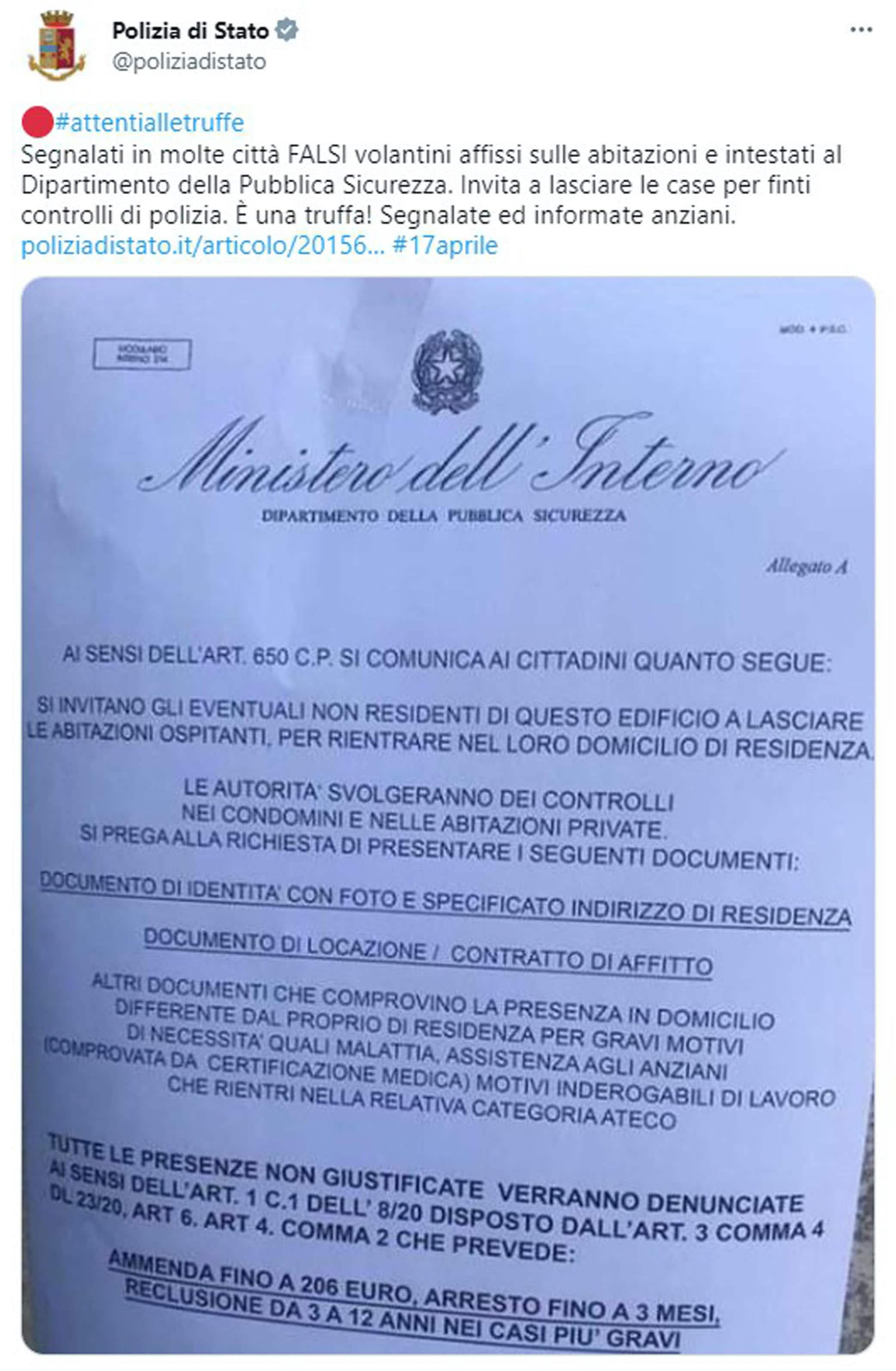 La falsa circolare segnalata dalla Polizia di Stato