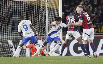 Inter's Yann-Aurel Bissek jubilates with his teammates after scoring the goal during the Italian Serie A soccer match Bologna FC vs FC Inter at Renato Dall'Ara stadium in Bologna, Italy, 9 March 2024. ANSA /ELISABETTA BARACCHI
