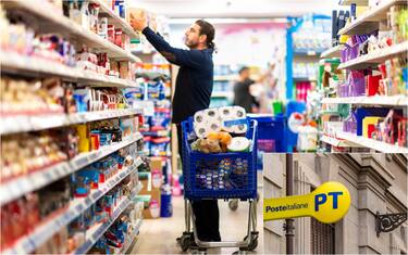 spesa al supermercato e insegna delle poste