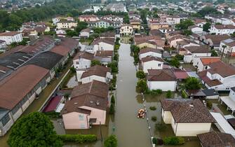 Aerial view shows Italian Fireman rescued people trapped in their houses in Lugo, 19 May 2023.  The death toll from this week's deadly flooding in the northeastern region of Emilia Romagna has climbed to 14 after the police recovered the body of a man in his 70s in Faenza early on FridayANSA/EMANUELE VALERI