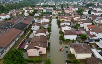 Aerial view shows Italian Fireman rescued people trapped in their houses in Lugo, 19 May 2023.  The death toll from this week's deadly flooding in the northeastern region of Emilia Romagna has climbed to 14 after the police recovered the body of a man in his 70s in Faenza early on FridayANSA/EMANUELE VALERI