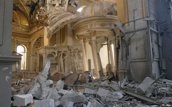 epa10763455 An internal view of the Transfiguration Cathedral, damaged by a missile attack in the Odesa region, southern Ukraine, 23 July 2023. Odesa was attacked by 19 missiles of different classes early 23 July, with nine being shot down, according to a statement from the Ukraine Air Force. At least one person was killed in the attack and 22 were injured, including four children, the State Emergency Service reported. Russia, which began its full-scale invasion of Ukraine in February 2022, has recently pulled out of a UN-Turkey brokered agreement guaranteeing safe passage to Ukrainian grain exports through the Black Sea and started the mass shelling of Odesa city, granaries, agricultural enterprises and sea ports.  EPA/IGOR TKACHENKO