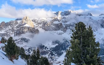 View of the sella group from Santa Cristina Val Gardena.