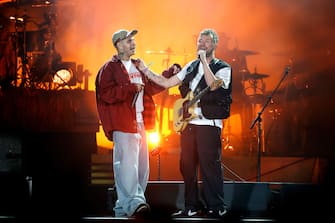INDIO, CALIFORNIA - APRIL 14: (L-R) Slowthai and Damon Albarn of Gorillaz perform at the Coachella Stage during the 2023 Coachella Valley Music and Arts Festival on April 14, 2023 in Indio, California. (Photo by Frazer Harrison/Getty Images for Coachella)