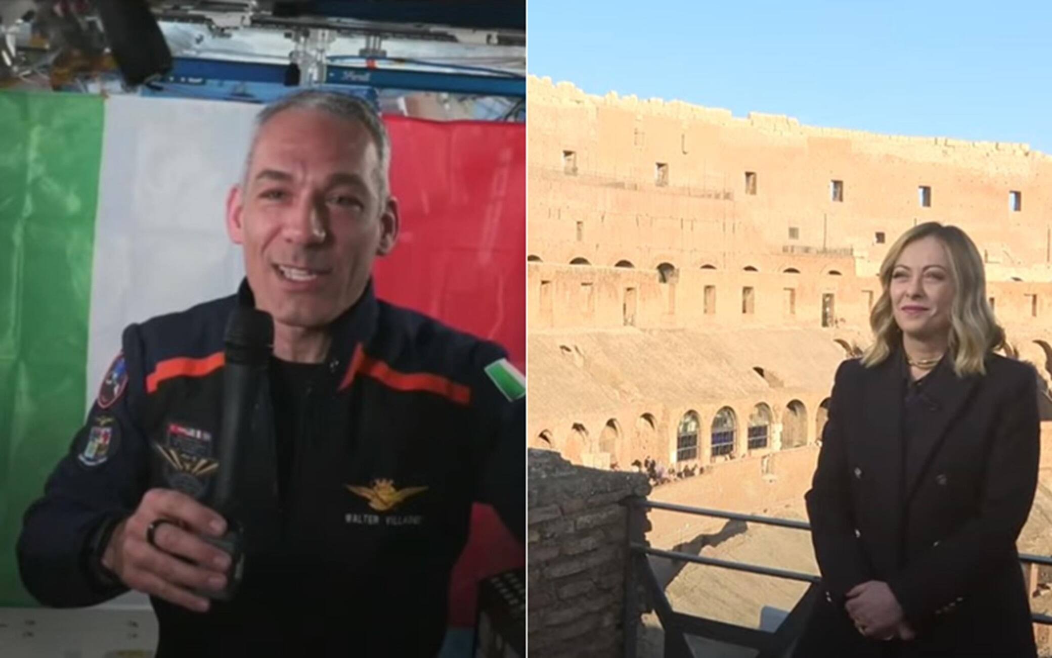 Il collegamento dal Colosseo tra il colonnello Walter Villadei e la premier Giorgia Meloni Il Colonnello dell'Aeronautica Militare, Walter Villadei, in collegamento con Giorgia Meloni
