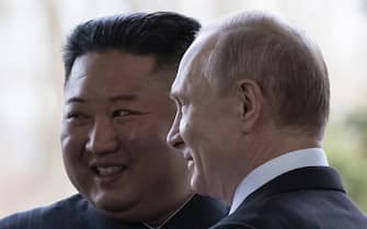 Russian President Vladimir Putin (R) and North Korea's leader Kim Jong Un pose for the media prior the talks in Vladivostok, Russia, 25 April 2019. ANSA/ALEXANDER ZEMLIANICHENKO / POOL