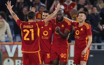 Rome, Italy 07.03.2024: Romelu Lukaku of Roma score the goal and celebrate with the team during the UEFA Europa League 2023-2024, round 16, football match between AS Roma vs Brighton & Hove Albion at Olympic Stadium in Rome.