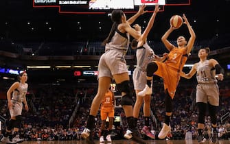 during the WNBA game at Talking Stick Resort Arena on July 30, 2017 in Phoenix, Arizona.  The Mercury defeated the Silver Stars 81-64. NOTE TO USER: User expressly acknowledges and agrees that, by downloading and or using this photograph, User is consenting to the terms and conditions of the Getty Images License Agreement.