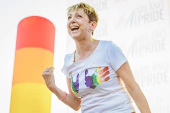 MILAN, ITALY - JUNE 24: Debora Villa is seen on stage during the Milano Pride 2023 closing event at Arco Della Pace on June 24, 2023 in Milan, Italy. Milano Pride is a parade and festival held at the end of June each year in Milan, to celebrate LGBTQ+ people and their allies. (Photo by Sergione Infuso/Getty Images for Milano Pride)