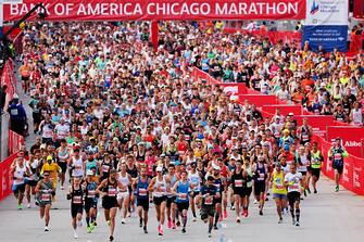 CHICAGO, ILLINOIS - OCTOBER 08: A general view of the start line as runners compete in the 2023 Chicago Marathon at Grant Park on October 08, 2023 in Chicago, Illinois. (Photo by Michael Reaves/Getty Images)