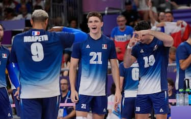 Earvin Ngapeth of France (9), Theo Faure of France (21) and Yacine Louati of France (19) at the men's volleyball gold medal match between France and Poland during the Paris 2024 Olympic Games, at the South Paris Arena 1 in Paris, France on August 10, 2024. Photo by Nicolas Gouhier/ABACAPRESS.COM