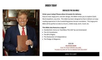 Donald Trump ha approfittato della Settimana Santa per vendere le bibbie God Bless the Usa, nome ispirato alla musica del cantante country Lee Greenwood che accompagna Trump nei suoi comizi