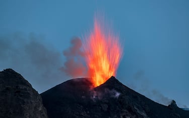 STROMBOLI, ITALY - JUNE 15: A violent and sudden explosion with lapilli throwing, at sunset, from the north-east crater of the Stromboli volcano on June 15, 2024 in STROMBOLI, Italy. (Photo by Fabrizio Villa/Getty Images)