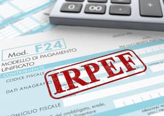 close up view of F24 form for italian taxes,the word irpef and an electronic calculator (3d render)