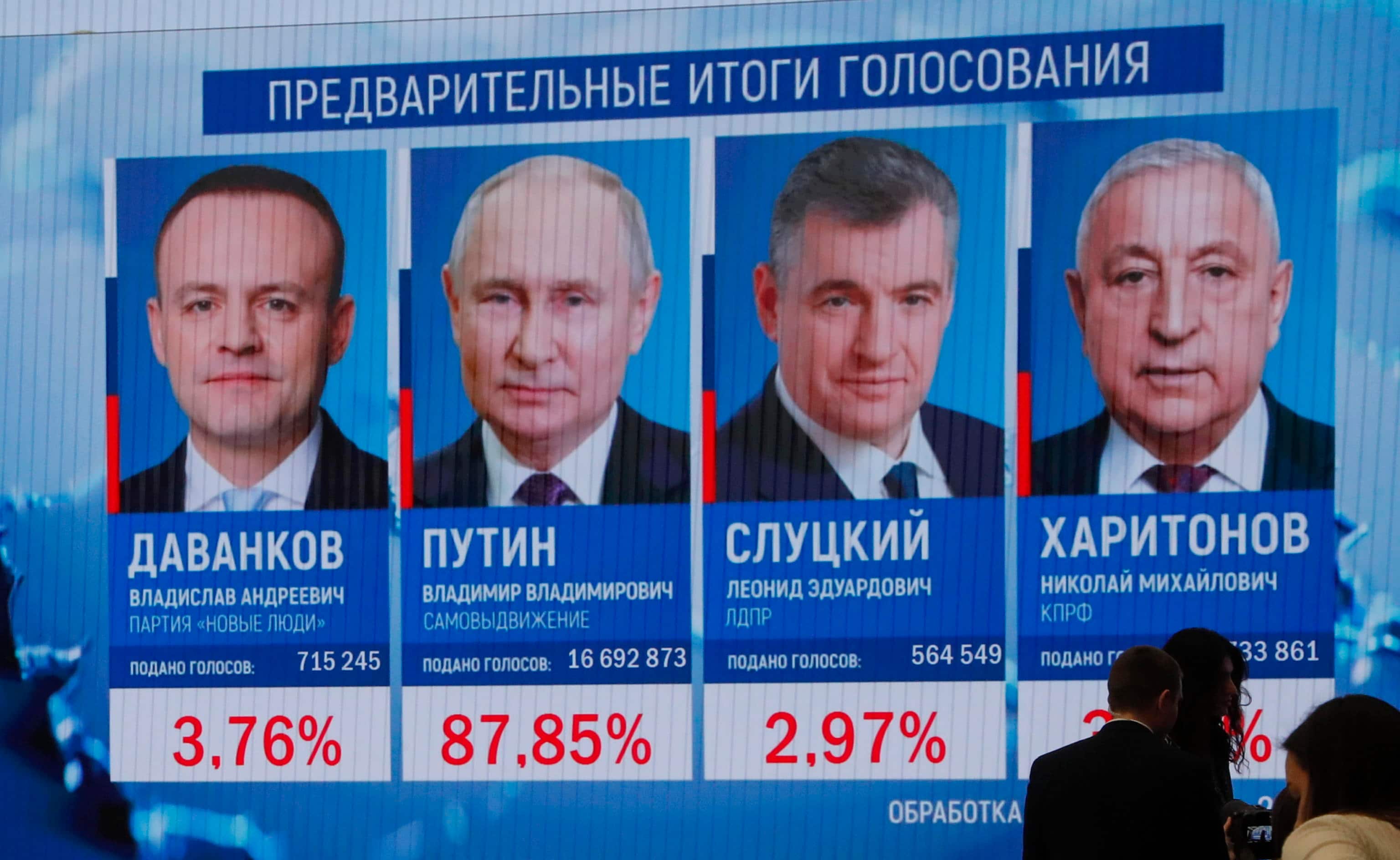 Uno schermo con i risultati degli exit poll in Russia che certificano la vittoria di Putin alle presidenziali