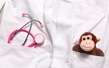 Close up of a doctor paediatrician's lab coat with stethoscope and toy monkey