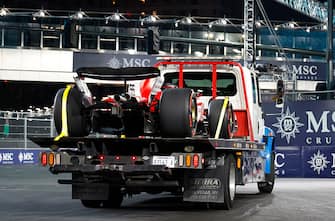 LAS VEGAS, NEVADA - NOVEMBER 16: The car of Carlos Sainz of Spain and Ferrari is removed from the circuit on a truck after stopping on track  during practice ahead of the F1 Grand Prix of Las Vegas at Las Vegas Strip Circuit on November 16, 2023 in Las Vegas, Nevada. (Photo by Chris Graythen/Getty Images)