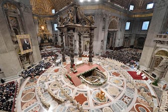 epa11144509 A handout picture provided by the Vatican Media shows a general view during a Holy Mass for Canonization of Maria Antonia of Saint Joseph de Paz y Figueroa with Pope Francis  in Saint Peter's Basilica, Vatican City, 11 February 2024.  On the anniversary of the first apparition of the Blessed Virgin Mary in Lourdes, Pope Francis canonized Maria Antonia of Saint Joseph de Paz y Figueroa, also known as Mama Antula, the founder of the House for Spiritual Exercises of Buenos Aires.  EPA/VATICAN MEDIA HANDOUT  HANDOUT EDITORIAL USE ONLY/NO SALES HANDOUT EDITORIAL USE ONLY/NO SALES
