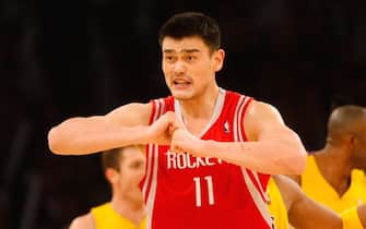 LOS ANGELES, CA - APRIL 03:  Yao Ming #11 of the Houston Rockets gestures to a referee during the second half against the Los Angeles Lakers at Staples Center on April 3, 2009 in Los Angeles, California. The Lakers defeated the Rockets 93-81. NOTE TO USER: User expressly acknowledges and agrees that, by downloading and/or using this Photograph, user is consenting to the terms and conditions of the Getty Images License Agreement.  (Photo by Jeff Gross/Getty Images)
