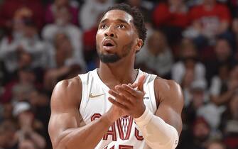 CLEVELAND, OH - APRIL 20: Donovan Mitchell #45 of the Cleveland Cavaliers celebrates during Round 1 Game 1 of the 2024 NBA Playoffs against the Orlando Magic on April 20, 2024 at Rocket Mortgage FieldHouse in Cleveland, Ohio. NOTE TO USER: User expressly acknowledges and agrees that, by downloading and/or using this Photograph, user is consenting to the terms and conditions of the Getty Images License Agreement. Mandatory Copyright Notice: Copyright 2024 NBAE (Photo by David Liam Kyle/NBAE via Getty Images)