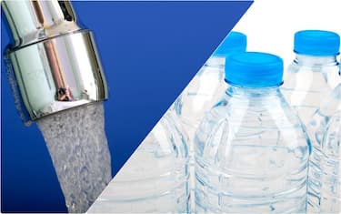 rubinetto e bottiglie d'acqua 