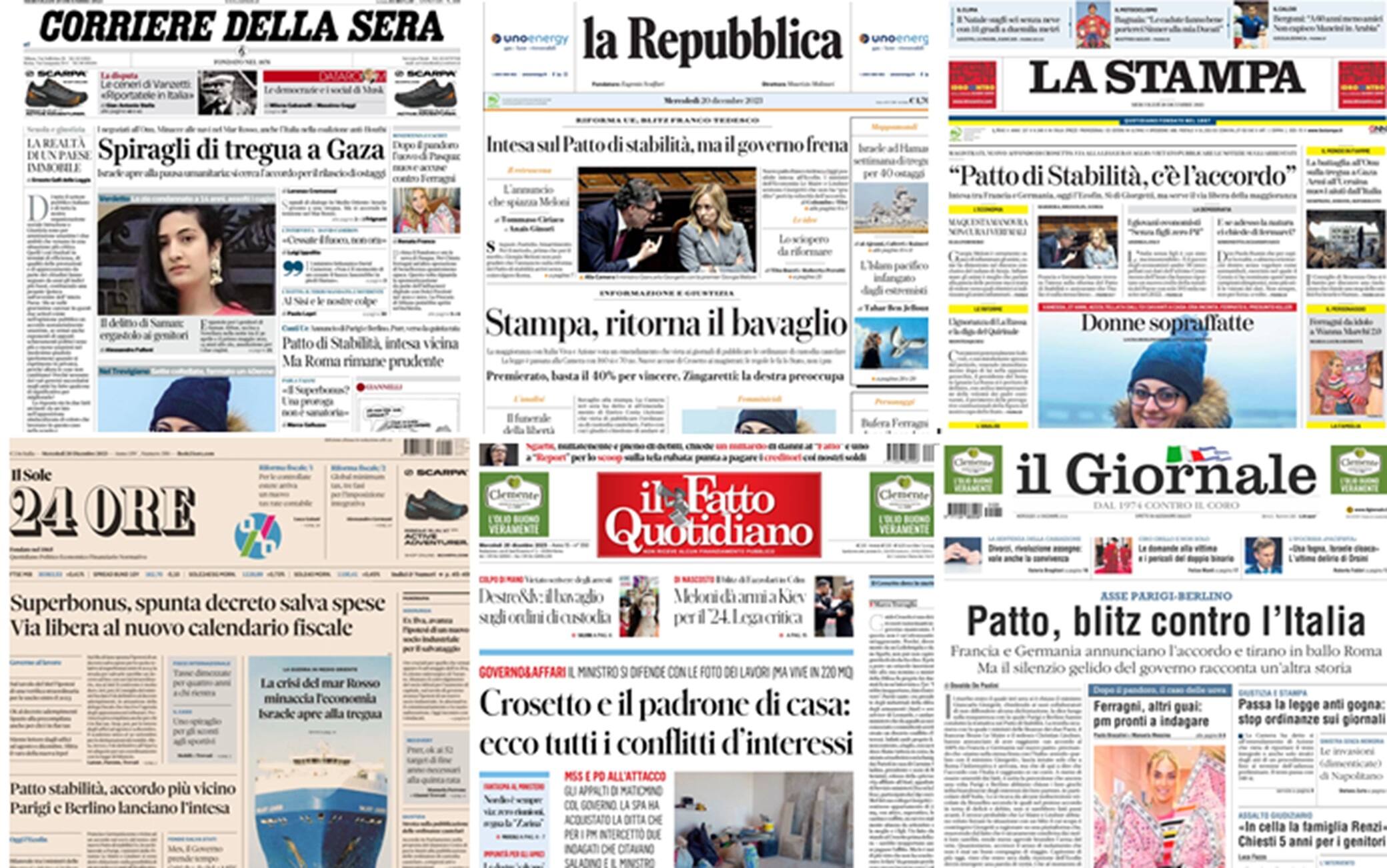 Le prime pagine dei quotidiani di oggi 20 dicembre la rassegna