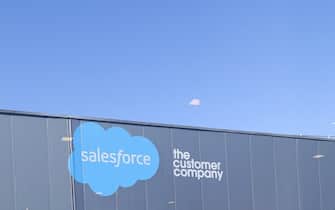 The Salesforce logo, the American cloud-based software company and one of the largest technology companies in the world, displayed on their networking space during the Mobile World Congress 2023 on March 2, 2023, in Barcelona, Spain. (Photo by Joan Cros/NurPhoto via Getty Images)