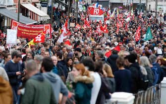 epa10601870 Protesters take part in the annual May Day march in Nice, France, 01 May 2023. International Workers' Day is an annual holiday that takes place on 01 May and celebrates workers, their rights, achievements and contributions to society.  EPA/SEBASTIEN NOGIER