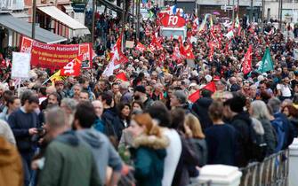 epa10601870 Protesters take part in the annual May Day march in Nice, France, 01 May 2023. International Workers' Day is an annual holiday that takes place on 01 May and celebrates workers, their rights, achievements and contributions to society.  EPA/SEBASTIEN NOGIER