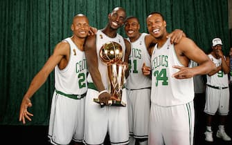 BOSTON - JUNE 17:  (L-R) Ray Allen #20, Kevin Garnett #5, James Posey #41 and Paul Pierce #34  of the Boston Celtics poses for a portrait with the Larry O'Brien trophy after defeating the Los Angeles Lakers in Game Six of the 2008 NBA Finals on June 17, 2008 at TD Banknorth Garden in Boston, Massachusetts. The Boston Celtics won 131-92. NOTE TO USER:User expressly acknowledges and agrees that, by downloading and/or using this Photograph, user is consenting to the terms and conditions of the Getty Images License Agreement. Mandatory Copyright Notice: Copyright 2008 NBAE (Photo by Nathaniel S. Butler/NBAE via Getty Images)