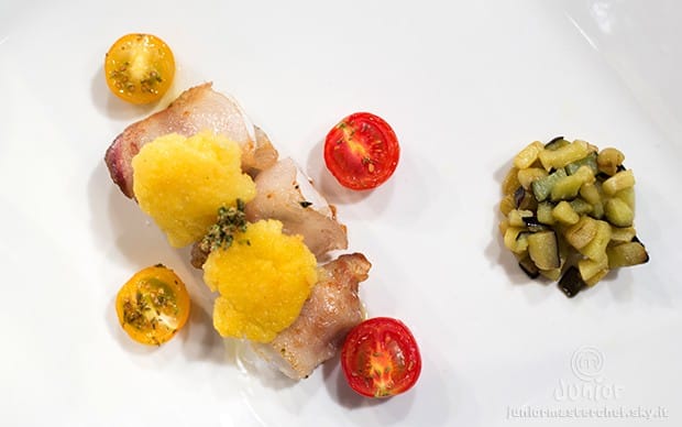 Involtini di rana pescatrice e guanciale con chips di polenta