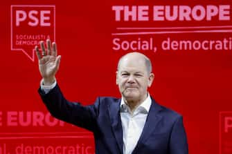 Chancellor of Germany Olaf Scholz, during the PES Election Congress, Rome 2 March 2024. ANSA/FABIO FRUSTACI