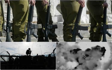 collage di immagini sull'esercito israeliano e lo screen di un video di un bombardamento