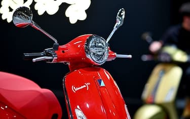 A Piaggio Vespa is on display at EICMA, the International Bicycle and Motorcycle exhibition on November 8, 2023 in Milan. ( (Photo by GABRIEL BOUYS / AFP) (Photo by GABRIEL BOUYS/AFP via Getty Images)