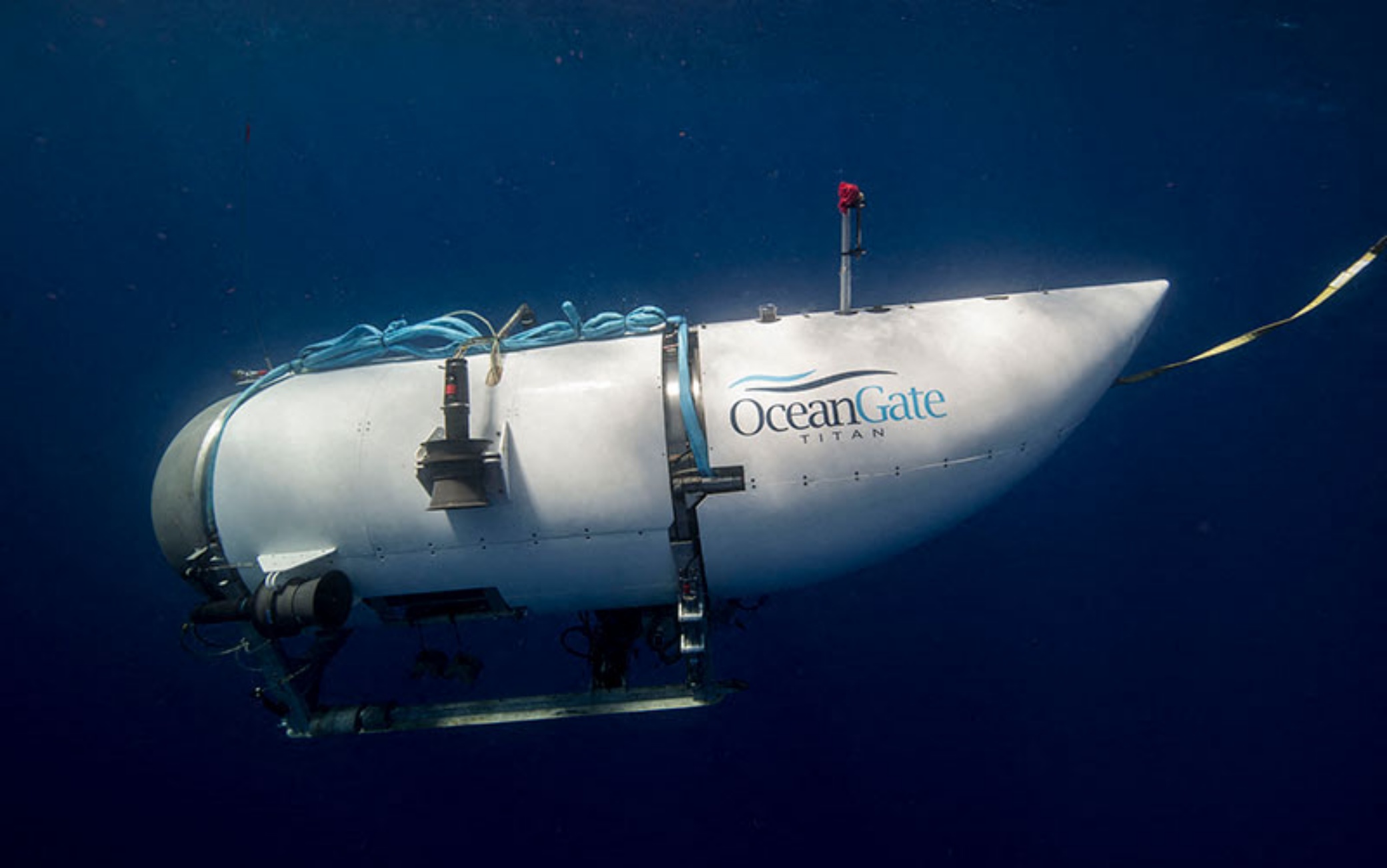 Undated handout photo shows Titan, the submersible that vanished on expedition to the Titanic wreckage. A massive search and rescue operation is under way in the mid Atlantic after a tourist submarine went missing during a dive to Titanic's wreck on Sunday. Contact with the small sub was lost about an hour and 45 minutes into its dive, the US Coast Guard said. Tour firm OceanGate said all options were being explored to rescue the five people onboard. Tickets cost $ 250,000 for an eight-day trip including dives to the wreck at a depth of 3,800m (12,500ft). Photo via ABACAPRESS.COM