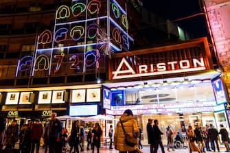 SANREMO, ITALY - DECEMBER 26: A general view of festive lights outside the Ariston Theatre on December 27, 2022 in Sanremo, Italy. (Photo by Roberto Finizio/Getty Images)