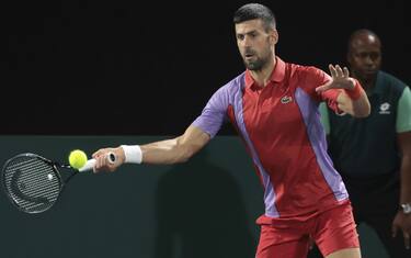 Novak Djokovic of Serbia playing doubles during day 2 of the Rolex Paris Masters 2023, ATP Masters 1000 tennis tournament on October 31, 2023 at Accor Arena in Paris, France