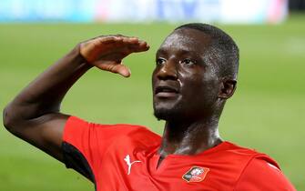 Serhou Guirassy of Rennes celebrates his goal during the UEFA Europa Conference League, Play-offs, 1st leg between Stade Rennais and Rosenborg BK on August, 19, 2021 at Roazhon Park in Rennes, France - Photo Jean Catuffe / DPPI