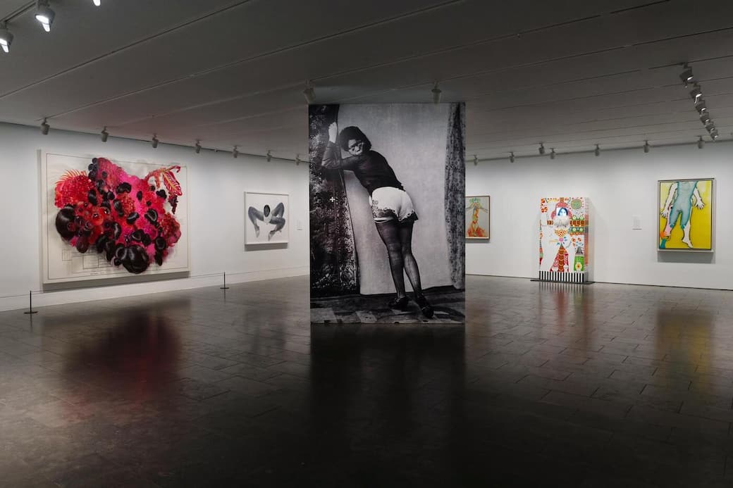 Installation View from the Louisiana's South Wing. Left: Firelei Baéz, Fruta Estrana (Lee Monument), 2022. Louisiana Museum of Modern Art. Donation: Deborah Beckmann & Jacob Kotzubei. In the middle: Frida Orupabo, Turning, 2021. Acquired with funding from