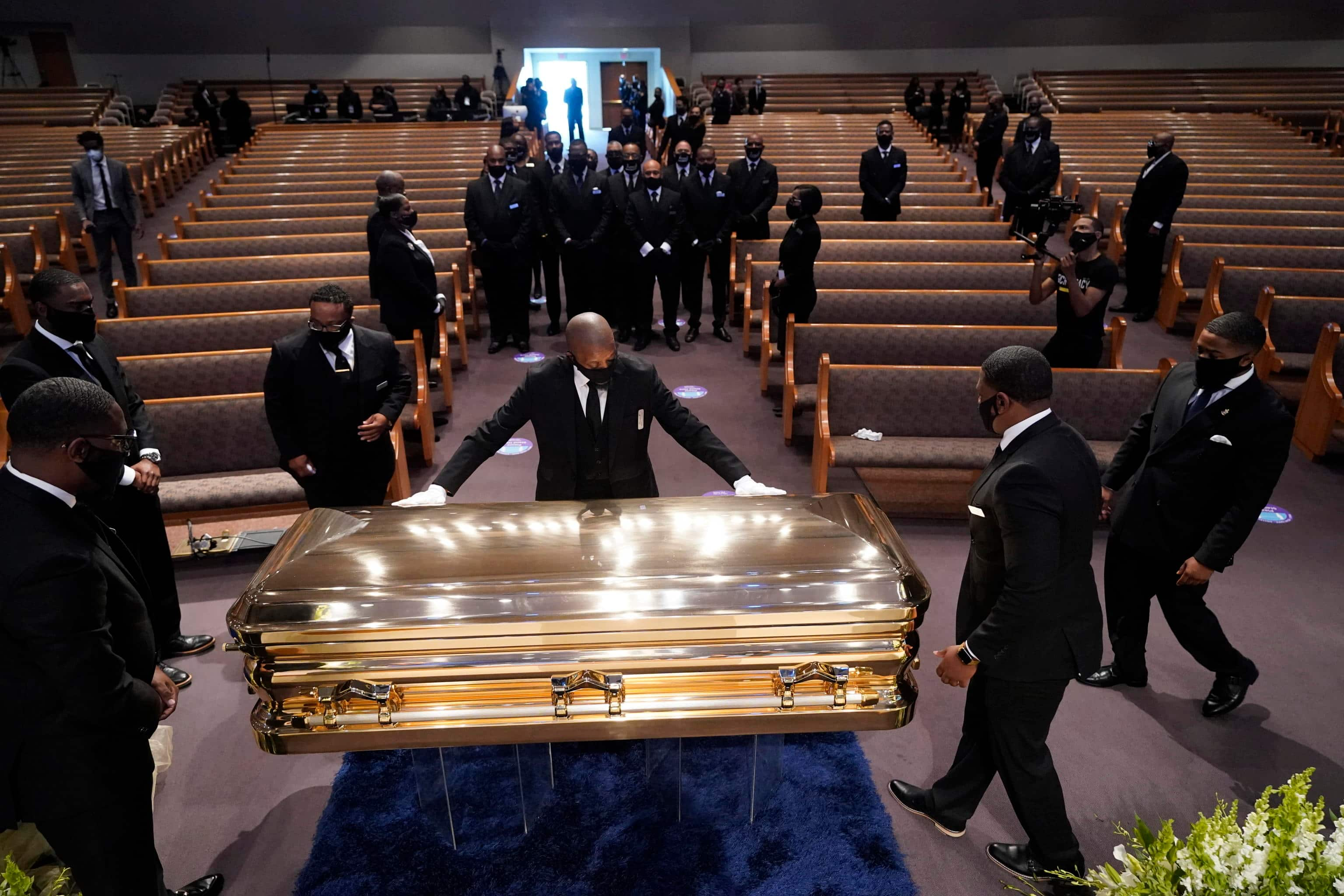 epa08474920 The casket of George Floyd is placed in the chapel during a funeral service for Floyd at the Fountain of Praise church, Houston, Texas, USA, 09 June 2020. A bystander's video posted online on 25 May, appeared to show George Floyd, 46, pleading with arresting officers that he couldn't breathe as an officer knelt on his neck. The unarmed Black man later died in police custody and all four officers involved in the arrest have been charged and arrested.  EPA/David J. Phillip / POOL