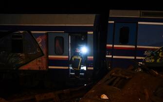 Rail accident involving a collision between a cargo and a passenger train in the Evangelismos area of Larissa, Greece on March 1, 2023. (Photo by STRINGER / SOOC / SOOC via AFP) (Photo by STRINGER/SOOC/AFP via Getty Images)