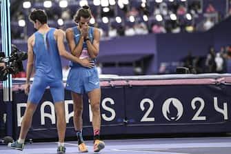 Gianmarco Tamberi of Italy reacts during the Men High Jump final of the Athletics competitions in the Paris 2024 Olympic Games, at the Stade de France stadium in Saint Denis, France, 10 August 2024.ANSA / CIRO FUSCO