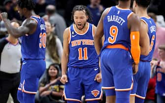INDIANAPOLIS, INDIANA - DECEMBER 18: Jalen Brunson #11 of the New York Knicks celebrates after 109-106 win over the Indiana Pacers at Gainbridge Fieldhouse on December 18, 2022 in Indianapolis, Indiana.    NOTE TO USER: User expressly acknowledges and agrees that, by downloading and/or using this photograph, User is consenting to the terms and conditions of the Getty Images License Agreement. (Photo by Andy Lyons/Getty Images)