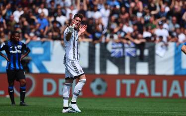 Juventus's Dusan Vlahovic celebrates after goal 0-2 during the Italian Serie A soccer match Atalanta BC vs Juventus FC at the Gewiss Stadium in Bergamo, Italy, 7 May 2023.
ANSA/MICHELE MARAVIGLIA
