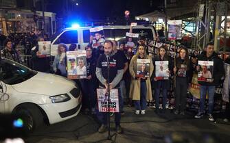 epa11094899 John Polin, father of Hersh Goldberg Polin, an American Israeli hostage held by Hamas in Gaza, delivers statements to the media during a protest calling for the immediate release of Israeli hostages held by Hamas in Gaza, outside of Prime Minister Benjamin Netanyahu's residence in Jerusalem, 21 January 2024. According to the Israeli army, 133 Israelis are still being held hostage by Hamas in Gaza.  EPA/ABIR SULTAN