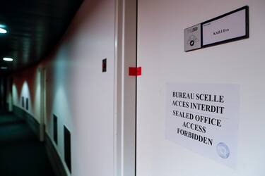 epa10363318 Seals are pictured on the office door of European Parliament Vice President Eva Kaili at the European Parliament in Strasbourg, France, 13 December 2022. Belgian federal prosecutor said in a statement four of six people including one within the European Parliament were detained on 09 December and have been charged with 'participation in a criminal organization, money laundering and corruption' and remanded in custody. Greek MEP and European Parliament Vice President Eva Kaili has reportedly been among those arrested in an investigation into suspected bribery by a Gulf state.  EPA/JULIEN WARNAND